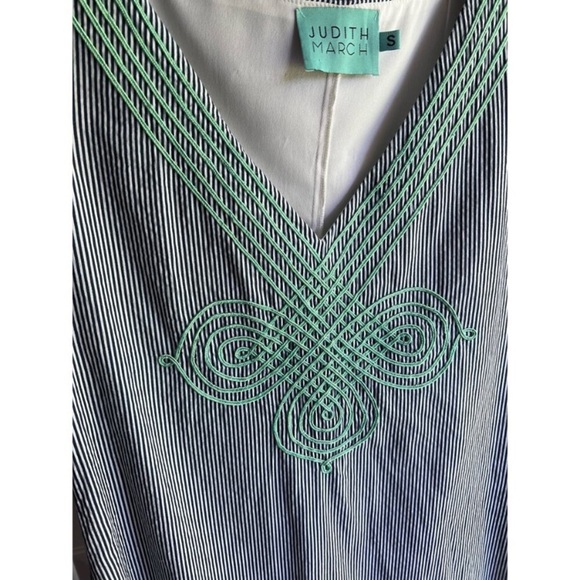 Judith March Blue and White Pinstriped Dress Mint Green Embroidery Size Small - Picture 3 of 11